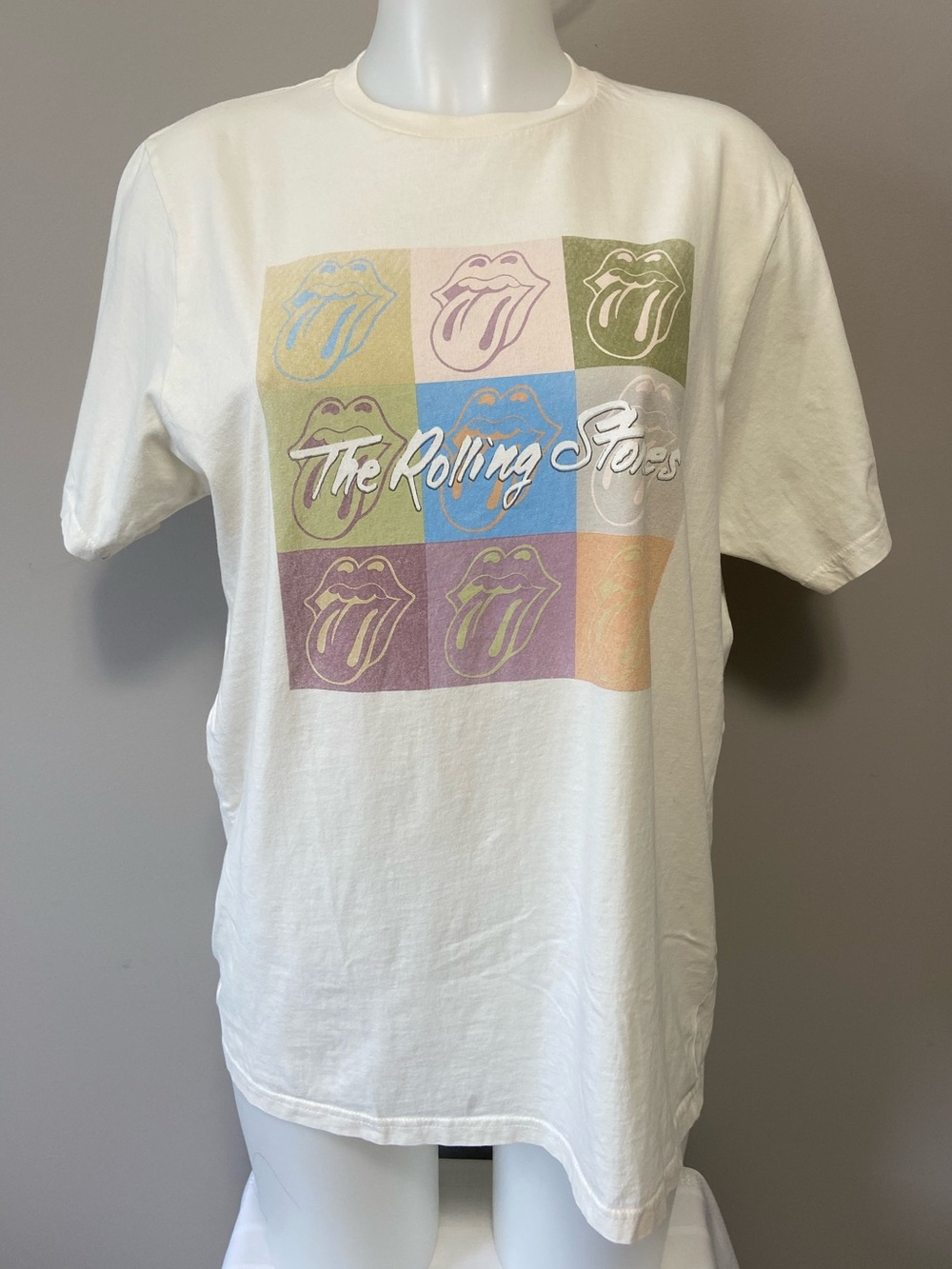 The Rolling Stones White Tee with Pastel Multicolor Tongue Grid